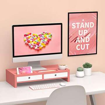 Bambloom Monitor Stand Riser Desk Organizer - with Drawers Keyboard Storage Pink 22x10.6x4.7 inch