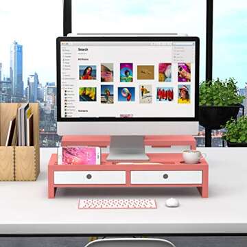 Bambloom Monitor Stand Riser Desk Organizer - with Drawers Keyboard Storage Pink 22x10.6x4.7 inch