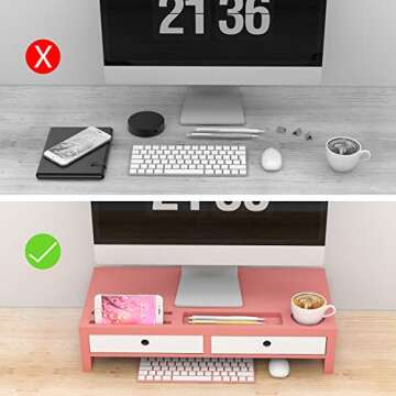 Bambloom Monitor Stand Riser Desk Organizer - with Drawers Keyboard Storage Pink 22x10.6x4.7 inch