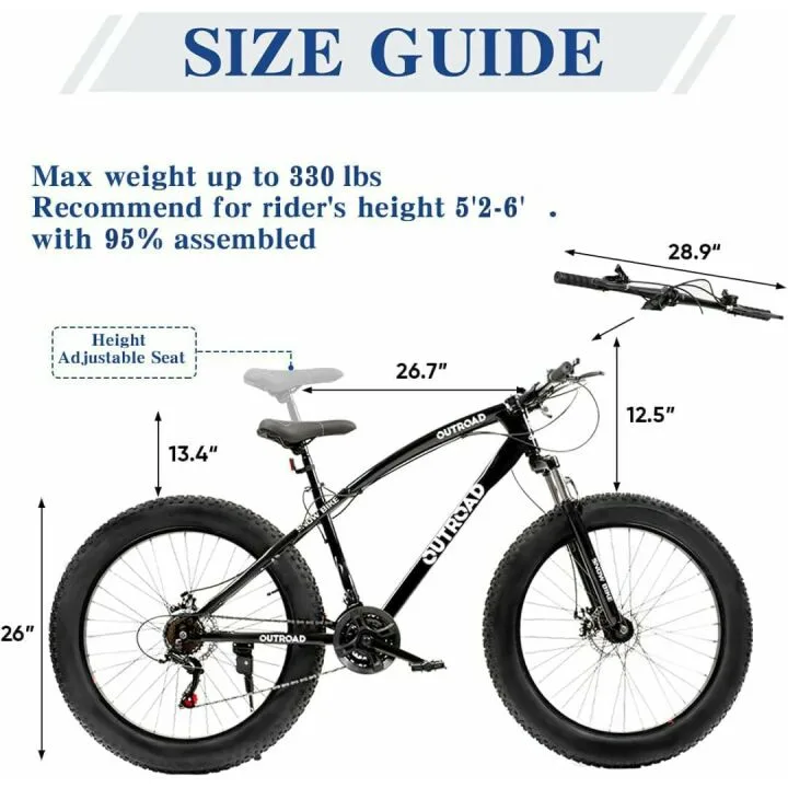 26 inch Fat/Normal Tire Mountain Bike, 21 Speed with Dual Front Suspension, Double Disc Brake and High Carbon Steel Frame Anti-Slip Bicycle, Mens and Womens