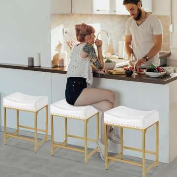 Bar Stools Set of 2, Gold White Counter Height Stools with Cushion Counter Stools and Barstools Stee...