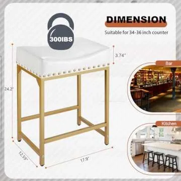 Bar Stools Set of 2, Gold White Counter Height Stools with Cushion Counter Stools and Barstools Steel Frame, 24" Modern Gold Bar Stools for Kitchen Counter Island Support 300 LBS (White+Gold)