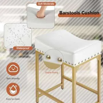 Bar Stools Set of 2, Gold White Counter Height Stools with Cushion Counter Stools and Barstools Steel Frame, 24" Modern Gold Bar Stools for Kitchen Counter Island Support 300 LBS (White+Gold)