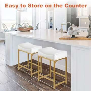 Bar Stools Set of 2, Gold White Counter Height Stools with Cushion Counter Stools and Barstools Steel Frame, 24" Modern Gold Bar Stools for Kitchen Counter Island Support 300 LBS (White+Gold)