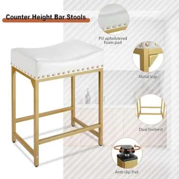 Bar Stools Set of 2, Gold White Counter Height Stools with Cushion Counter Stools and Barstools Steel Frame, 24" Modern Gold Bar Stools for Kitchen Counter Island Support 300 LBS (White+Gold)