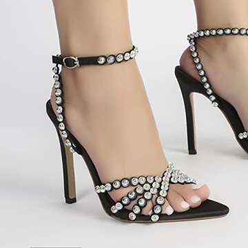 YIYA Women's Rhinestone Strappy Stiletto Heel Sandals Pointed Open Toe Sparkly Ankle Strap High Heel Sandals Black