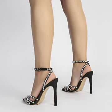YIYA Women's Rhinestone Strappy Stiletto Heel Sandals Pointed Open Toe Sparkly Ankle Strap High Heel Sandals Black
