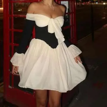 DSORVICD Women Off Shoulder Mini Dress Strapless Long Sleeve Patchwork Ruffle Dress Fairy Bodycon Dress Y2k Cocktail Clubwear