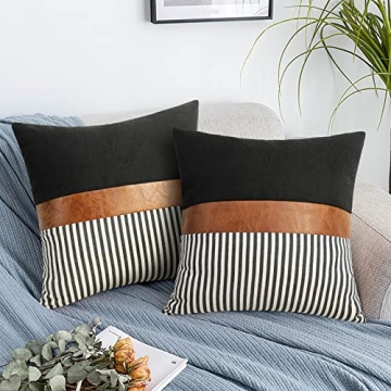 cygnus 22x22 inches Pillow Covers Set of 2 Farmhouse Decor Stripe Patchwork Linen Throw Pillow Covers Modern Faux Leather Covers for Couch Sofa, Black
