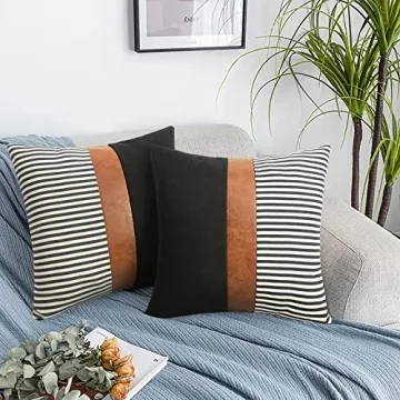 cygnus 22x22 inches Pillow Covers Set of 2 Farmhouse Decor Stripe Patchwork Linen Throw Pillow Covers Modern Faux Leather Covers for Couch Sofa, Black