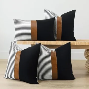 cygnus 22x22 inches Pillow Covers Set of 2 Farmhouse Decor Stripe Patchwork Linen Throw Pillow Covers Modern Faux Leather Covers for Couch Sofa, Black