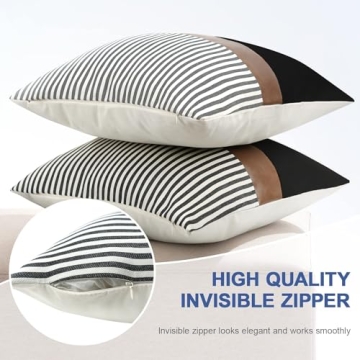 cygnus 22x22 inches Pillow Covers Set of 2 Farmhouse Decor Stripe Patchwork Linen Throw Pillow Covers Modern Faux Leather Covers for Couch Sofa, Black