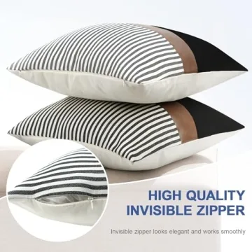 cygnus 22x22 inches Pillow Covers Set of 2 Farmhouse Decor Stripe Patchwork Linen Throw Pillow Covers Modern Faux Leather Covers for Couch Sofa, Black