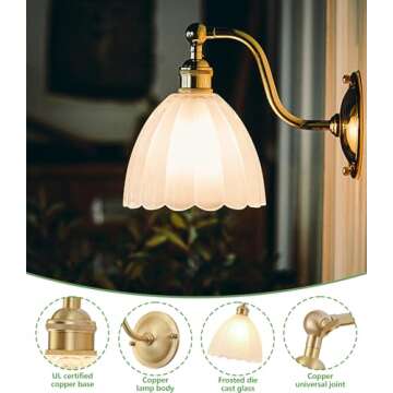 iYoee Vintage Sconces with White Frosted Tulip Glass Lampshade 210 Degree Adjustable Brass Wall Lamp...
