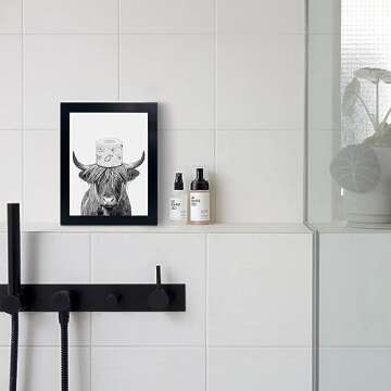 Black Framed Bathroom Decor - Funny Highland Cow Wall Art in Bathtub, Black and White Canvas Cow In ...