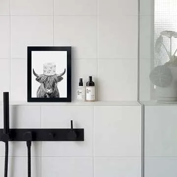 Black Framed Bathroom Decor - Funny Highland Cow Wall Art in Bathtub, Black and White Canvas Cow In ...