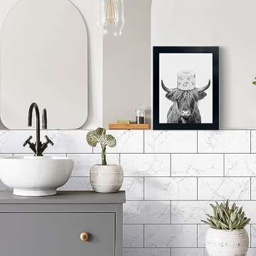Black Framed Bathroom Decor - Funny Highland Cow Wall Art in Bathtub, Black and White Canvas Cow In Bathroom Picture, Humor Animals Artwork Prints, Rustic Farmhouse Style Wall Decor Ready To Hang for Living Room, Bathroom, Bedroom, Kids Bathroom