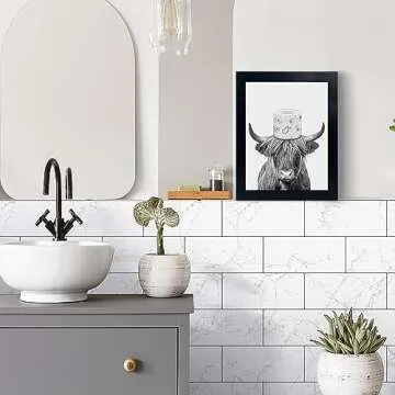 Black Framed Bathroom Decor - Funny Highland Cow Wall Art in Bathtub, Black and White Canvas Cow In Bathroom Picture, Humor Animals Artwork Prints, Rustic Farmhouse Style Wall Decor Ready To Hang for Living Room, Bathroom, Bedroom, Kids Bathroom