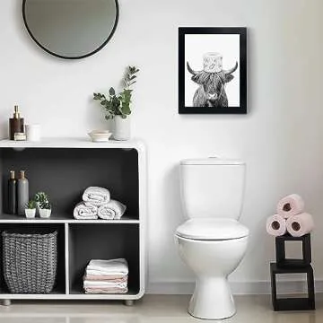 Black Framed Bathroom Decor - Funny Highland Cow Wall Art in Bathtub, Black and White Canvas Cow In Bathroom Picture, Humor Animals Artwork Prints, Rustic Farmhouse Style Wall Decor Ready To Hang for Living Room, Bathroom, Bedroom, Kids Bathroom