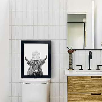 Black Framed Bathroom Decor - Funny Highland Cow Wall Art in Bathtub, Black and White Canvas Cow In Bathroom Picture, Humor Animals Artwork Prints, Rustic Farmhouse Style Wall Decor Ready To Hang for Living Room, Bathroom, Bedroom, Kids Bathroom