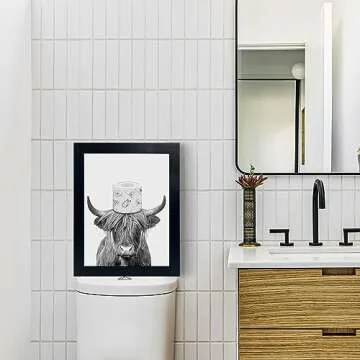 Black Framed Bathroom Decor - Funny Highland Cow Wall Art in Bathtub, Black and White Canvas Cow In Bathroom Picture, Humor Animals Artwork Prints, Rustic Farmhouse Style Wall Decor Ready To Hang for Living Room, Bathroom, Bedroom, Kids Bathroom