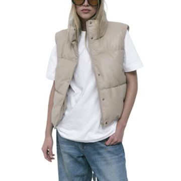 Ailoqing Women's Faux Leather Puffer Vest Zip Up Sleeveless Winter Cropped Jacket Beige Small
