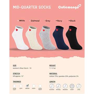 CUTIE MANGO 5 Pairs Heart Print Ankle Socks Mid-quarter Daily Casual Soft Comfortable Fit Simple Cut...