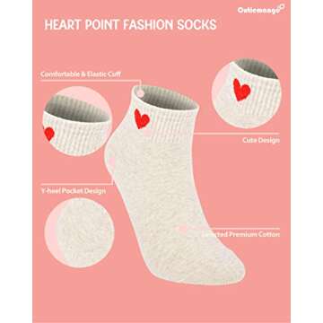 CUTIE MANGO 5 Pairs Heart Print Ankle Socks Mid-quarter Daily Casual Soft Comfortable Fit Simple Cute Design Lovely Socks Short Crew Premium Cotton Sox 6,7,8,9,10 size for women (Oatmeal)