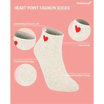 CUTIE MANGO 5 Pairs Heart Print Ankle Socks Mid-quarter Daily Casual Soft Comfortable Fit Simple Cute Design Lovely Socks Short Crew Premium Cotton Sox 6,7,8,9,10 size for women (Oatmeal)