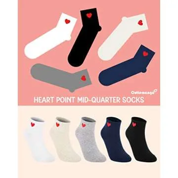 CUTIE MANGO 5 Pairs Heart Print Ankle Socks Mid-quarter Daily Casual Soft Comfortable Fit Simple Cute Design Lovely Socks Short Crew Premium Cotton Sox 6,7,8,9,10 size for women (Oatmeal)