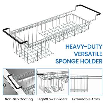 TreeLen Sink Caddy Sponge Holder Kitchen Sink Organizer Sponge Caddy Expandable 16.3" to 21" Farmhouse Sink Accessories for Rag Detergent Brush Dish Washing Liquid Rack, Stainless Steel