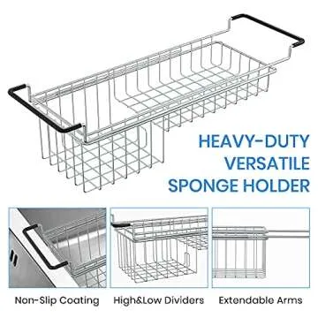 TreeLen Sink Caddy Sponge Holder Kitchen Sink Organizer Sponge Caddy Expandable 16.3" to 21" Farmhouse Sink Accessories for Rag Detergent Brush Dish Washing Liquid Rack, Stainless Steel