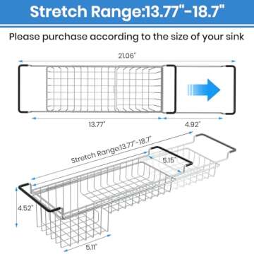 TreeLen Sink Caddy Sponge Holder Kitchen Sink Organizer Sponge Caddy Expandable 16.3" to 21" Farmhouse Sink Accessories for Rag Detergent Brush Dish Washing Liquid Rack, Stainless Steel