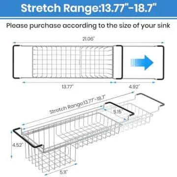 TreeLen Sink Caddy Sponge Holder Kitchen Sink Organizer Sponge Caddy Expandable 16.3" to 21" Farmhouse Sink Accessories for Rag Detergent Brush Dish Washing Liquid Rack, Stainless Steel