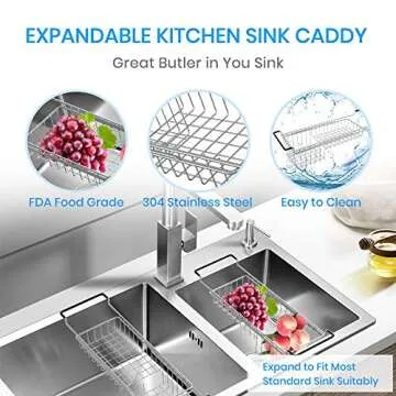 TreeLen Sink Caddy Sponge Holder Kitchen Sink Organizer Sponge Caddy Expandable 16.3" to 21" Farmhouse Sink Accessories for Rag Detergent Brush Dish Washing Liquid Rack, Stainless Steel