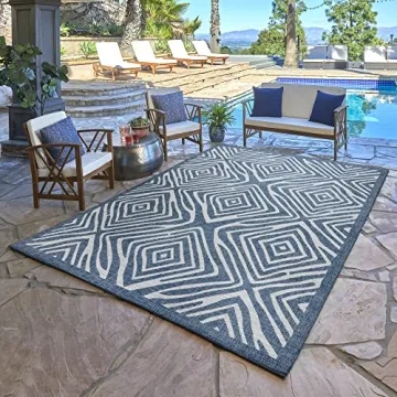 Gertmenian Indoor Outdoor Area Rug, Classic Flatweave, Moroccan Collection II, Stain & UV Resistant Carpet, Deck, Patio & Mudroom, 5x7 Standard, Navy Blue Ivory Tribal Safari, 19494