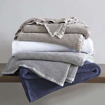 Brielle Home Darren 100% Cotton Luxury Soft Waffle Weave for Couch Bed Sofa Lightweight Thermal Throw Blanket, Navy, Full/Queen