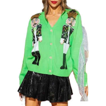 Ugly Christmas Tin Soldier Knitted Sweater Top Long Sleeve Button UP Sequin Nutcracker Cardigan Open...