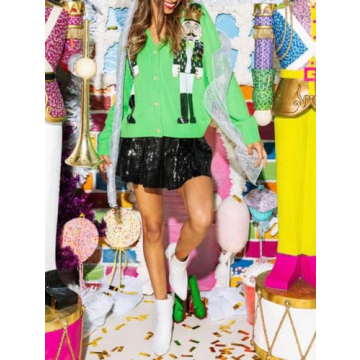 Ugly Christmas Tin Soldier Knitted Sweater Top Long Sleeve Button UP Sequin Nutcracker Cardigan Open Front Sweaters for Women