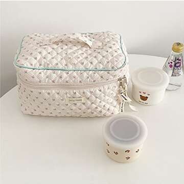 CAIYING Kawaii Coquette Makeup Bag Large Capacity Travel Cosmetic Bag Cotton Makeup Bag Quilted Cosmetic Pouch Coquette Aesthetic Floral Toiletry Bag