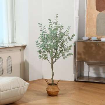 SOGUYI 4ft Artificial Eucalyptus Tree, Fake Eucalyptus Tree with White Silver Dollar Leaves, Silk Faux Eucalyptus Tree with Plastic Nursery Pot, Artificial Plants for Home Office Indoor Decor,2 Pack
