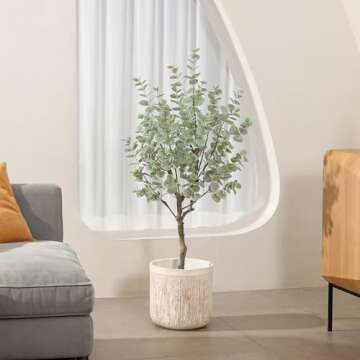 SOGUYI 4ft Artificial Eucalyptus Tree, Fake Eucalyptus Tree with White Silver Dollar Leaves, Silk Faux Eucalyptus Tree with Plastic Nursery Pot, Artificial Plants for Home Office Indoor Decor,2 Pack