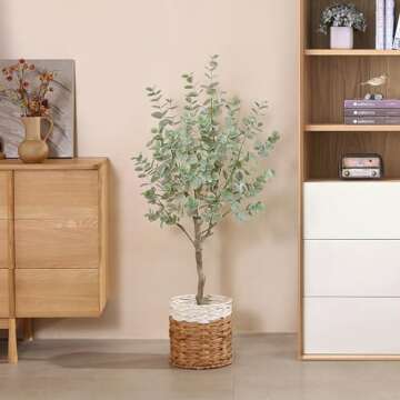 SOGUYI 4ft Artificial Eucalyptus Tree, Fake Eucalyptus Tree with White Silver Dollar Leaves, Silk Faux Eucalyptus Tree with Plastic Nursery Pot, Artificial Plants for Home Office Indoor Decor,2 Pack