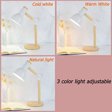 BIFULDYO LED Desk Lamps for Home Office, 3-Color Dimmable White Table Lamp for Bedroom, Wood Desk Li...