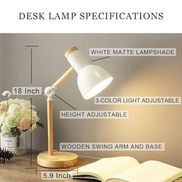 BIFULDYO LED Desk Lamps for Home Office, 3-Color Dimmable White Table Lamp for Bedroom, Wood Desk Lights for Dorm Roomb, Desktop Lighting, Tabletop