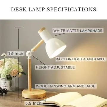 BIFULDYO LED Desk Lamps for Home Office, 3-Color Dimmable White Table Lamp for Bedroom, Wood Desk Lights for Dorm Roomb, Desktop Lighting, Tabletop