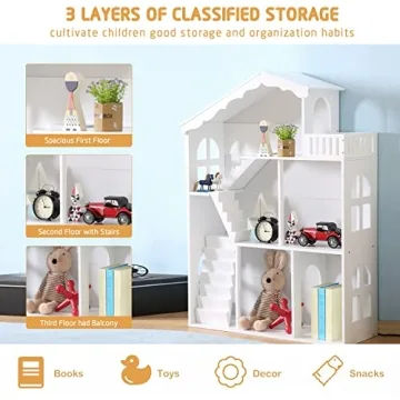 Wooden Dollhouse Bookshelf for Kids Toy Storage & Play