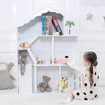 Wooden Dollhouse Bookshelf for Kids Toy Storage & Play