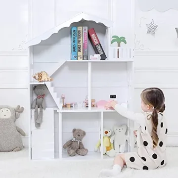 Wooden Dollhouse Bookshelf for Kids Toy Storage & Play