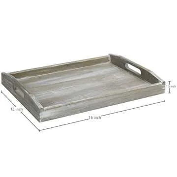 MyGift Rustic 12 x 16 inch Gray Wood Decorative Serving Tray with Handles, Rectangular Coffee Table Tray, Breakfast Tray